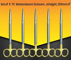 Set of 5 TC Metzenbaum Scissors 7 Inches 180 mm Straight Surgical Medical Tools
