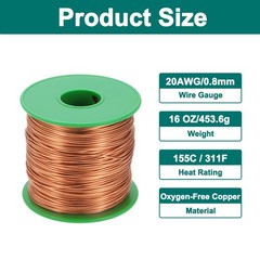 20 AWG Magnet Wire, 20 Gauge 16 oz Enameled Copper Wire, 155C(311F) Copper Color