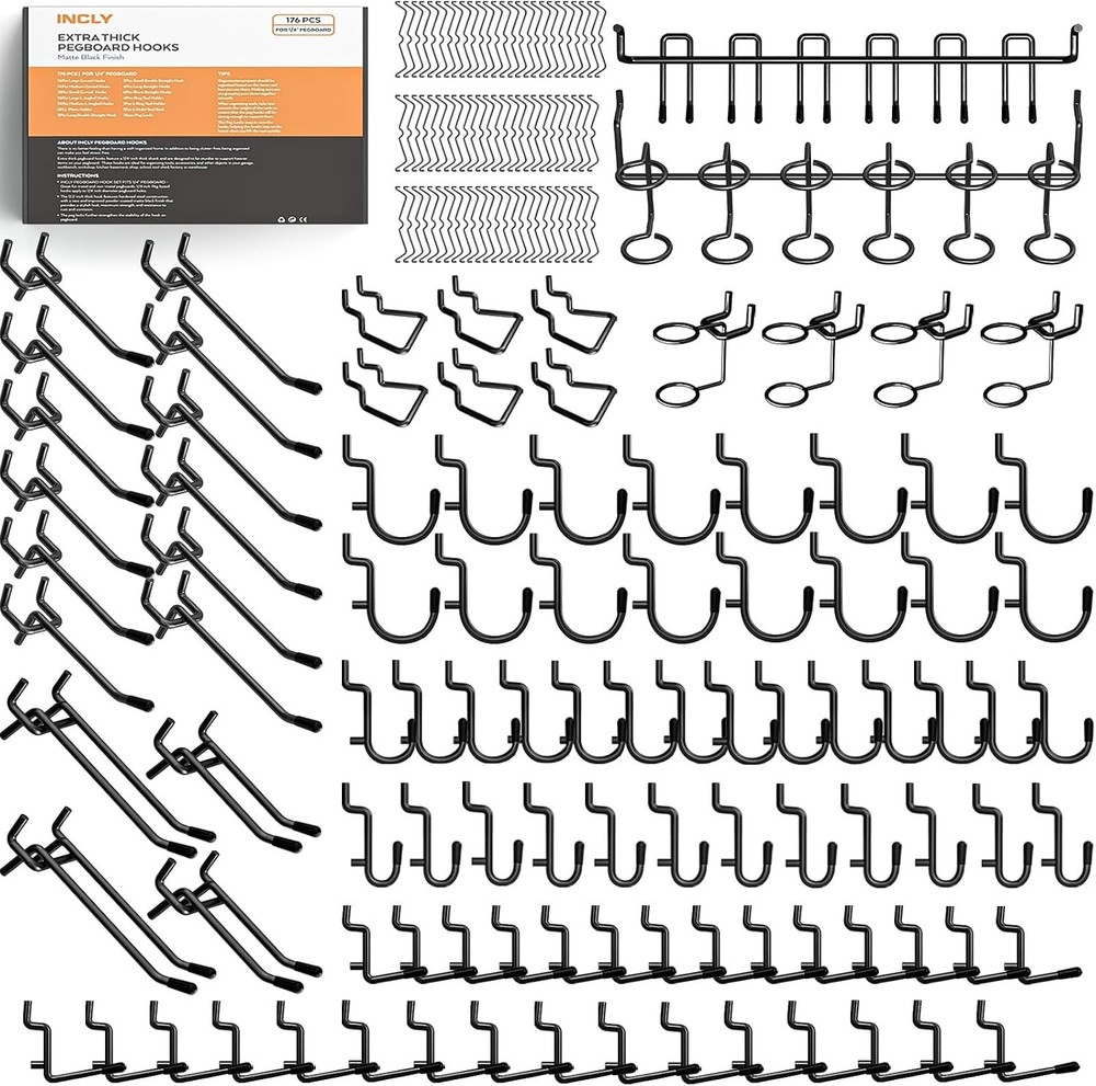 176PCS Extra Thick Pegboard Hooks, 1/4″ Heavy Duty Black Metal Peg Board Hook…