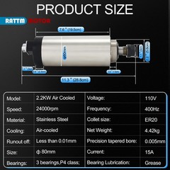 US SHIP】2.2KW 110V Air Cooled CNC Spindle Motor ER20 24000RPM 15A+80MM Mount