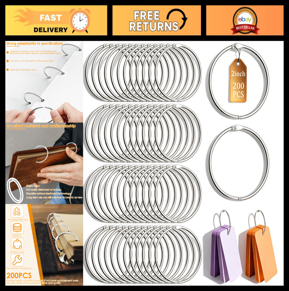 200 Pack 2″ Metal Loose Leaf Binder Rings | Nickel Plated Book Rings for Crafts,