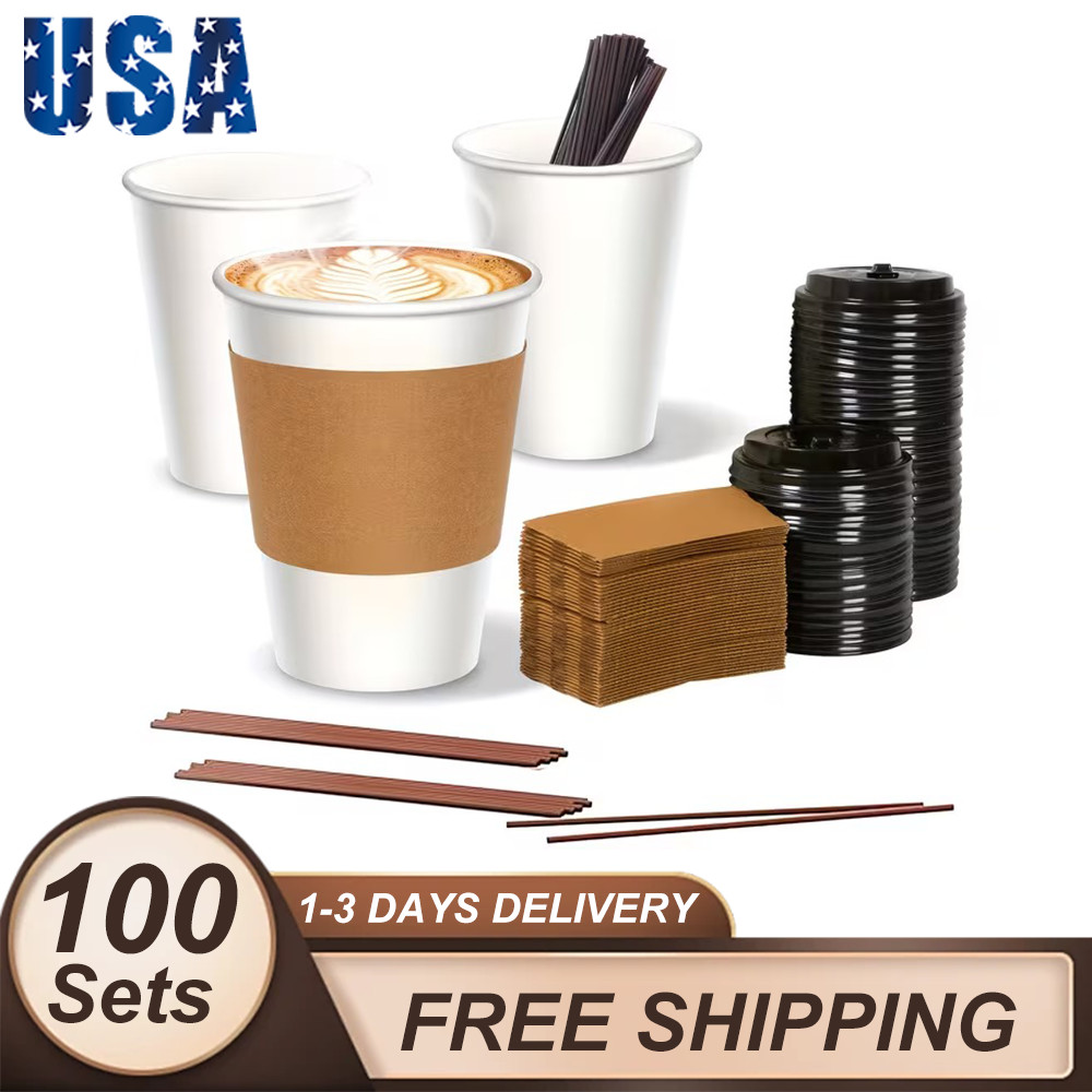 100 Sets 12Oz Leak-Proof Paper Coffee Cups With Lids & Sleeves, Portable Cups