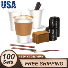 100 Sets 12Oz Leak-Proof Paper Coffee Cups With Lids & Sleeves, Portable Cups
