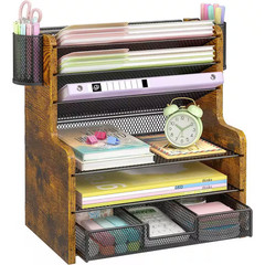 13.58 In. W X 15.04 In. H Brown Wood Metal Retro Mesh Desk Organizer with Drawer