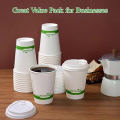 ECOLipak 100 Count 12 oz Compostable Paper Coffee Cups, Biodegradable Disposable