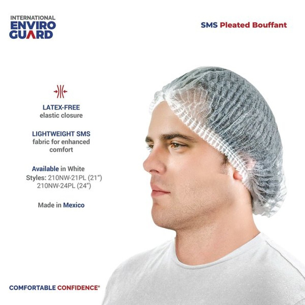 White SMS Pleated Bouffant Cap, 21 inch 1,000 PK Head Covers 210NW-21PL