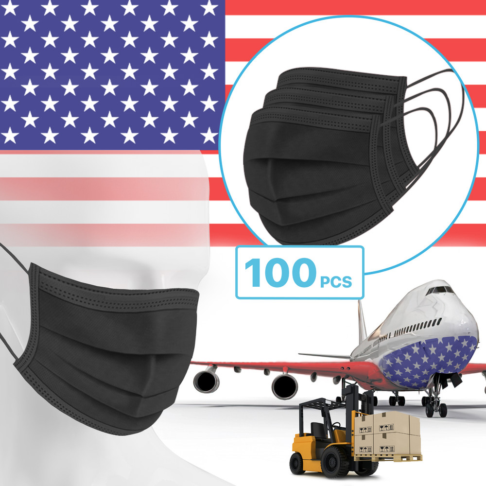 100 Packs – Black 3-Ply Disposable Procedural Face Mask Protective Mouth Cover