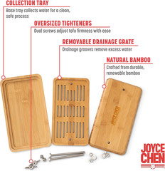 Bamboo Tofu Press, Built-In Drainage Grate & Removable Drip Tray, Adjustable Dua