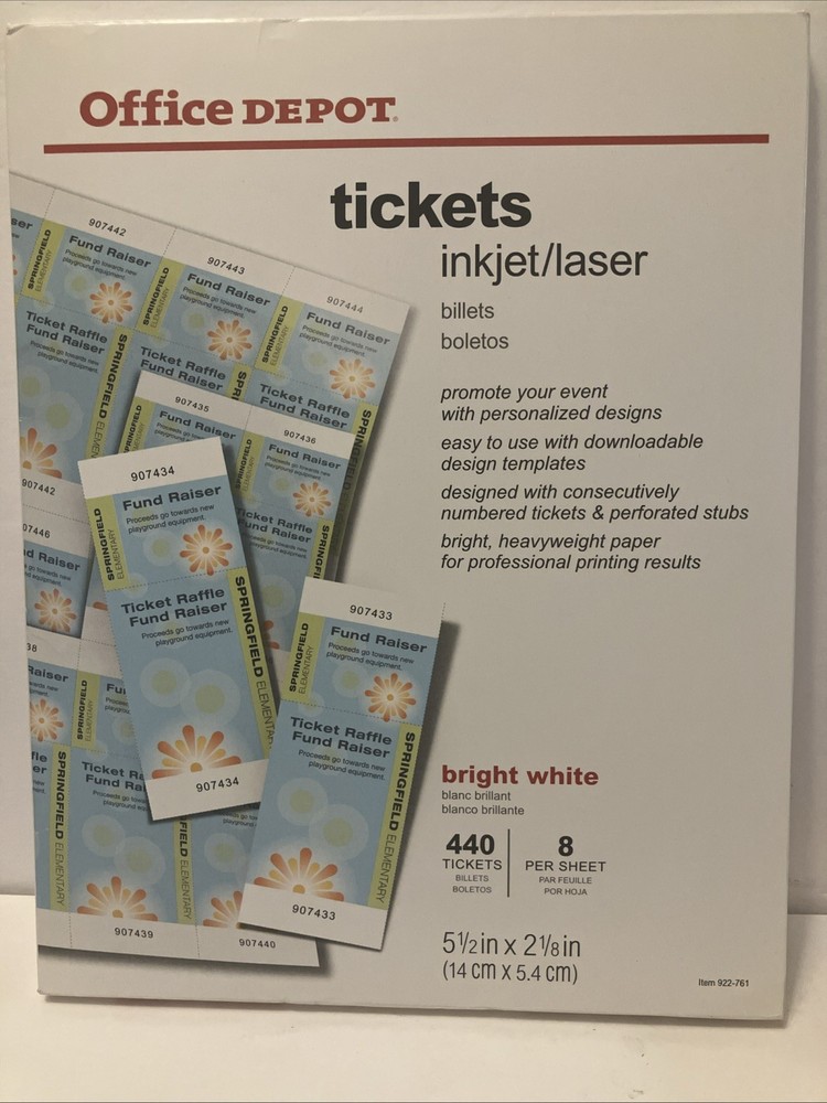 Office Depot Brand Inkjet/Laser 400 Blank Printable Tickets Bright White,922-761