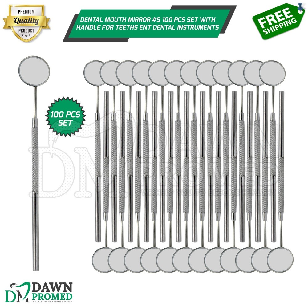100 Pcs Dental Mouth Mirror #5 With Handle ENT Dental Instruments German Grade