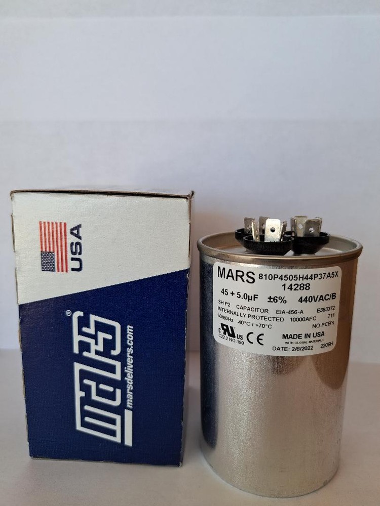 Mars Round Motor Run Capacitor 45/5 MFD 440/370 VAC Aluminum 14288, USA , NEW