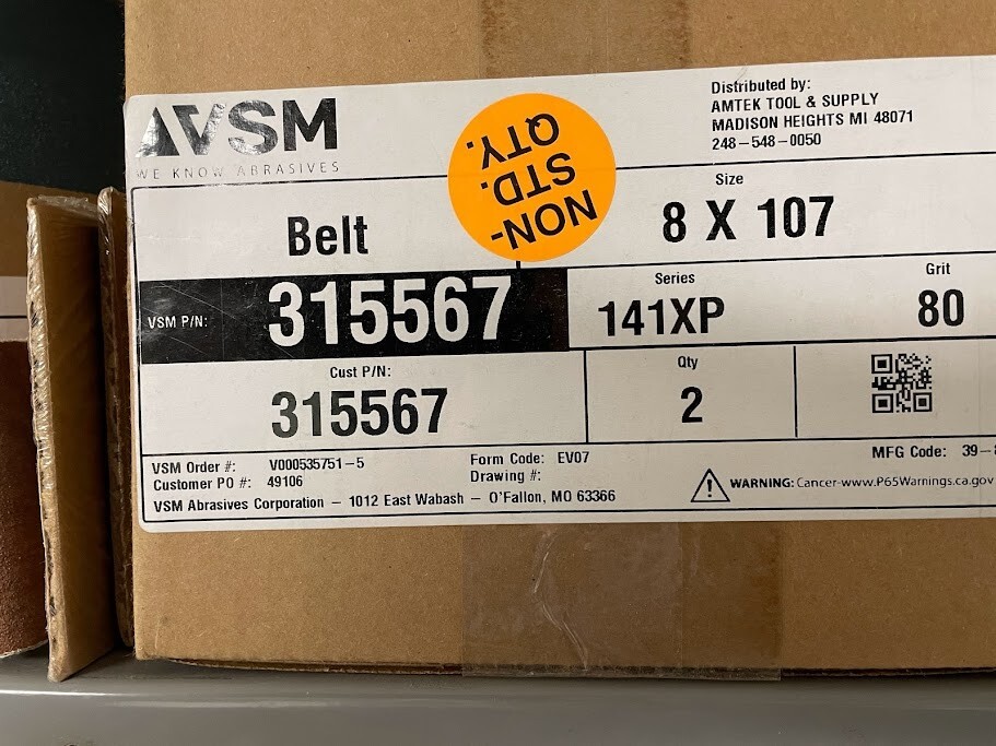 VSM ABRASIVE BELT 80 GRIT 8″ X 107″ 315567 SERIES 141XP – 1 BELT