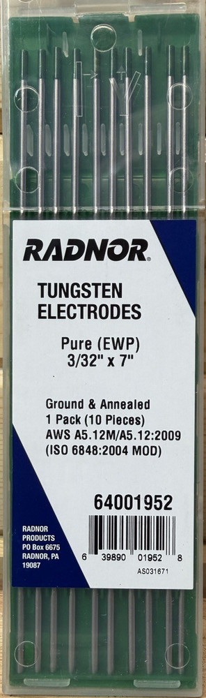 Radnor Pure Tungsten Electrodes 3/32 in x 7 in 10-Pack MPN 64001952