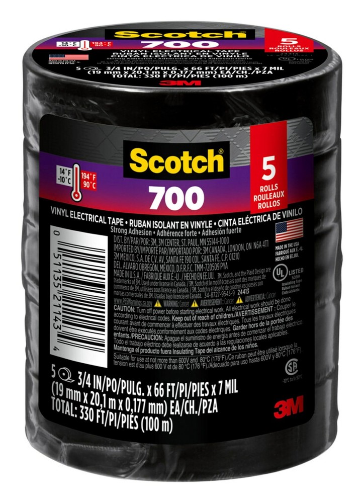 Scotch Vinyl 700 Electrical Tape, 5 Rolls, Black, 3/4-in x 66-ft, Commercial