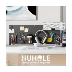 HUHOLE Clamp On Desk Pegboard 32″ x 12″ (Complete Kit)-No Drill Metal Desktop…
