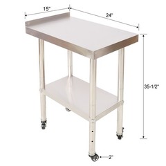 24×15″ Stainless Steel Prep Table w/Backsplash, Undershelf, 4 Casters, 440lb