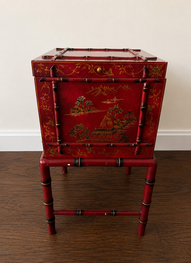 Theodore Alexander Horchow Chinoiserie Filing Cabinet Faux Bamboo Red Gold Asian