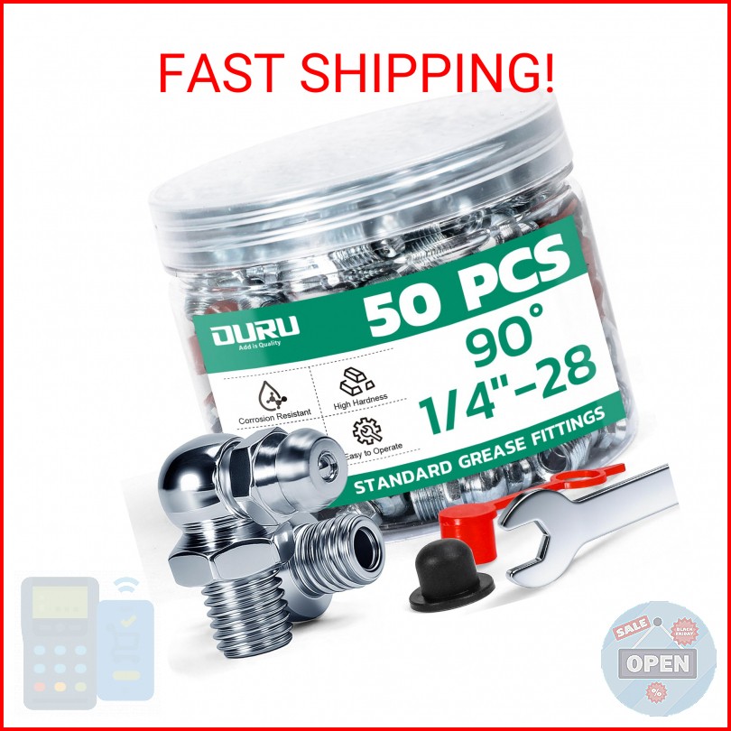 OURU 50PCS 1/4″-28 SAE Grease Fittings Kit, Zerk Grease Fittings 90 Degree with