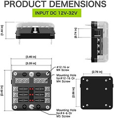12 Volt Fuse Block, Waterproof 6 Way Fuse Box with 6 Ground Negative Busbar for