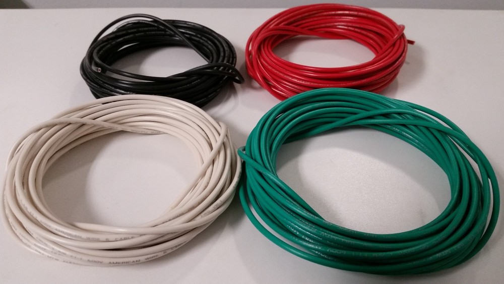 14 GAUGE WIRE WHITE, GREEN ,RED & BLACK PRIMARY AWG STRANDED COPPER MTW 25′ EACH
