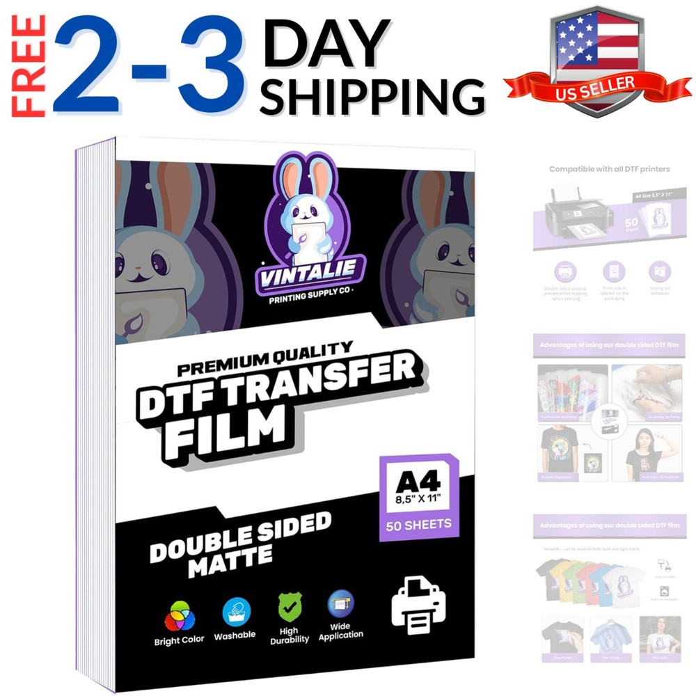 DTF Transfer Film – A4 8.5”x11”50 Sheets Matte Double Sided DTF Film PET Tra…