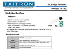 6 x) 1.5A Bridge Rectifier W10M TCI Phase 1000VDC 700Vrms 1000Vrrm 1.5A / 50A