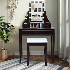 2-Piece Brown Makeup Vanity Set 10 Dimmable Bulbs Makeup Dressing Desk