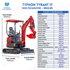 TYRANT 17 Mini Excavator Kubota D902 Engine Side Swing with 12 attachments
