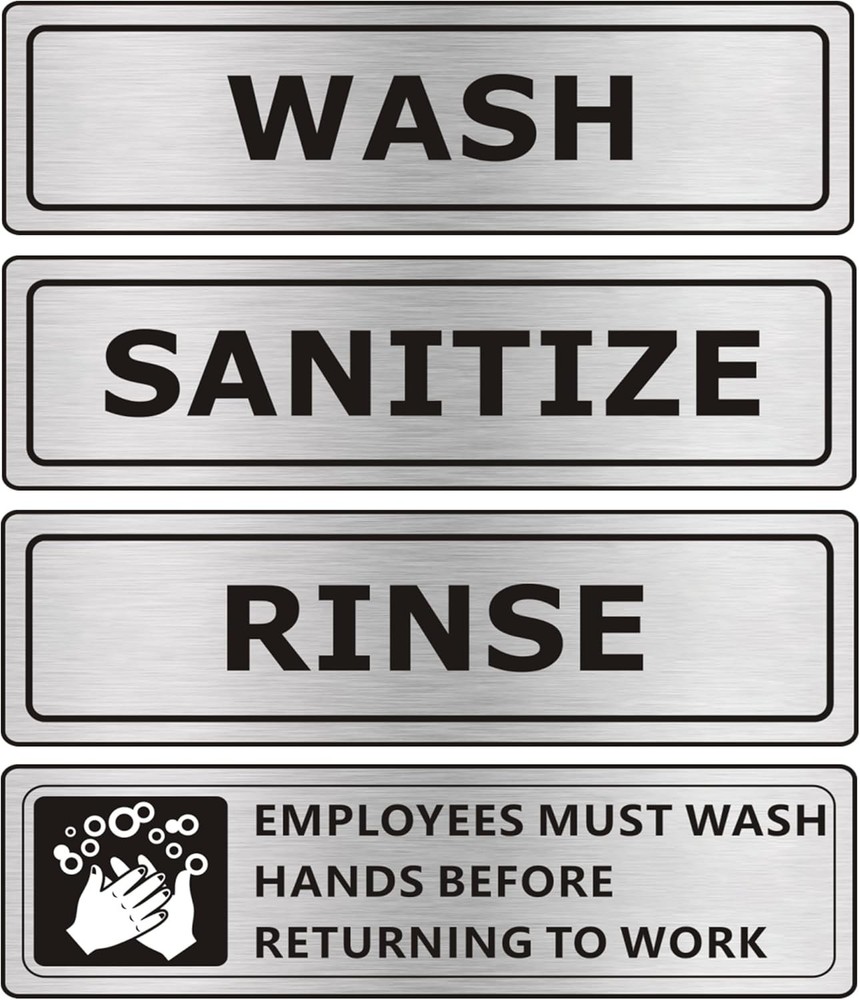 4 Pack Wash Rinse Sanitize Sink Labels Stickers 7X2 Inch Brushed Nickel/Black