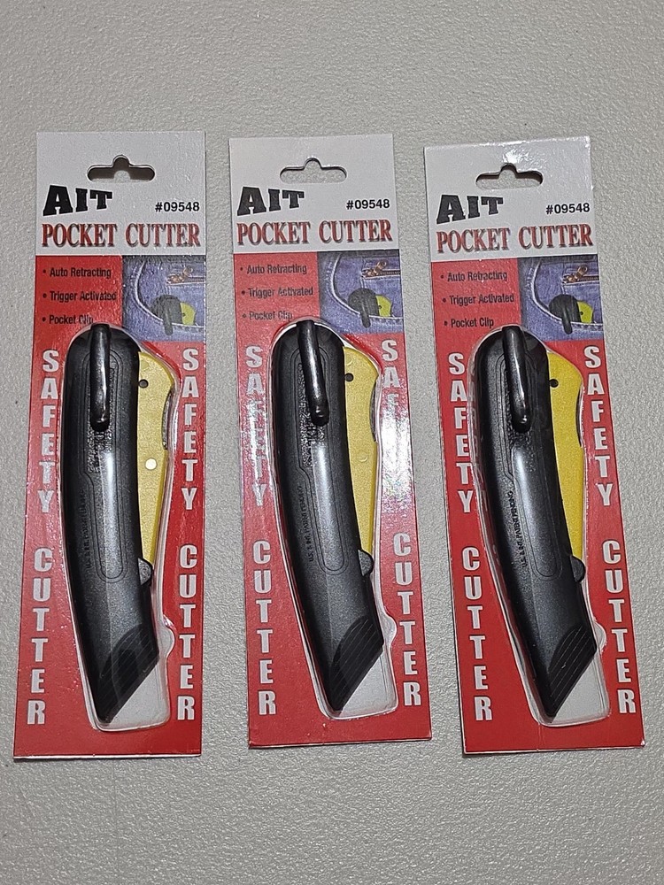 3x New Ait Pocket Cutter Safety Trigger Activated Box Cutter Auto Retract Clip