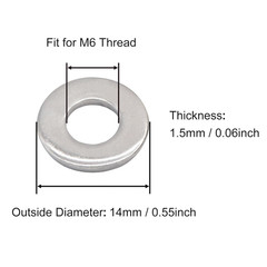 M6 Flat Washer, 14Mm OD, 18-8 304 Stainless Steel Metric Washers for Bolts Screw