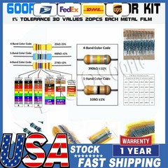 600pcs 30 Values 1/4W Metal Film Resistors Resistance Assortment Kit Set 1% USA