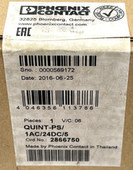 PHOENIX CONTACT POWER SUPPLY QUINT-PS/1AC/24DC/4 100-210V/1.5-06A INPUT 1 PHASE