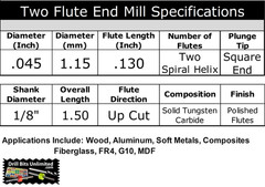 .045″ 1.15mm Carbide CNC End Mill 2 Flute Square End 1/8 Shank 10 Pc Kyocera