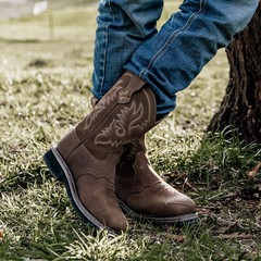 HISEA Men Steel Toe Work Boots Wide-Square Toe Genuine Leather Cowboy Botas Farm