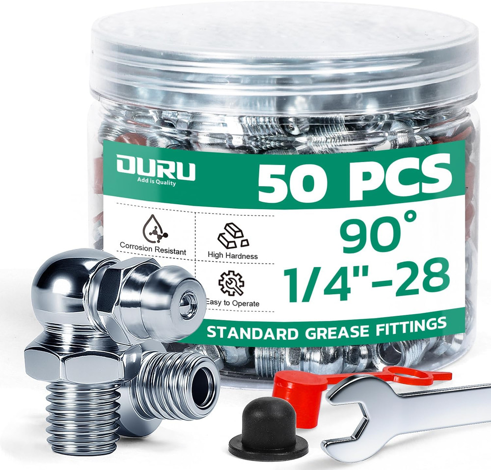 50PCS 1/4″-28 Grease Fittings Kit, SAE Zerk Grease Fittings 90 Degree with Greas