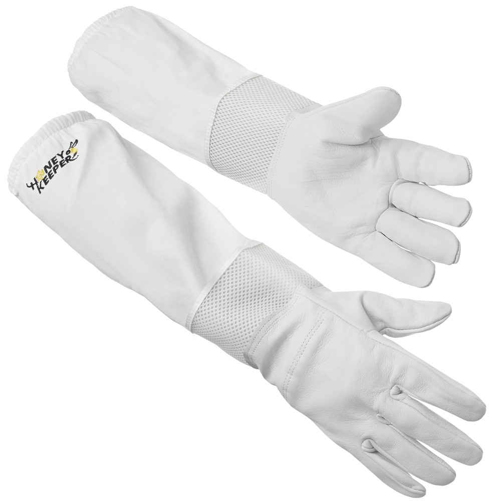 Beekeeping Ventilated Gloves Goatskin Leather Canvas Sleeve Elastic Cuff, XL