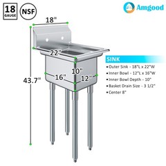 22 in. x 18 in. Stainless Steel One Compartment Sink. 12 in x 16 in x 10in Bowls