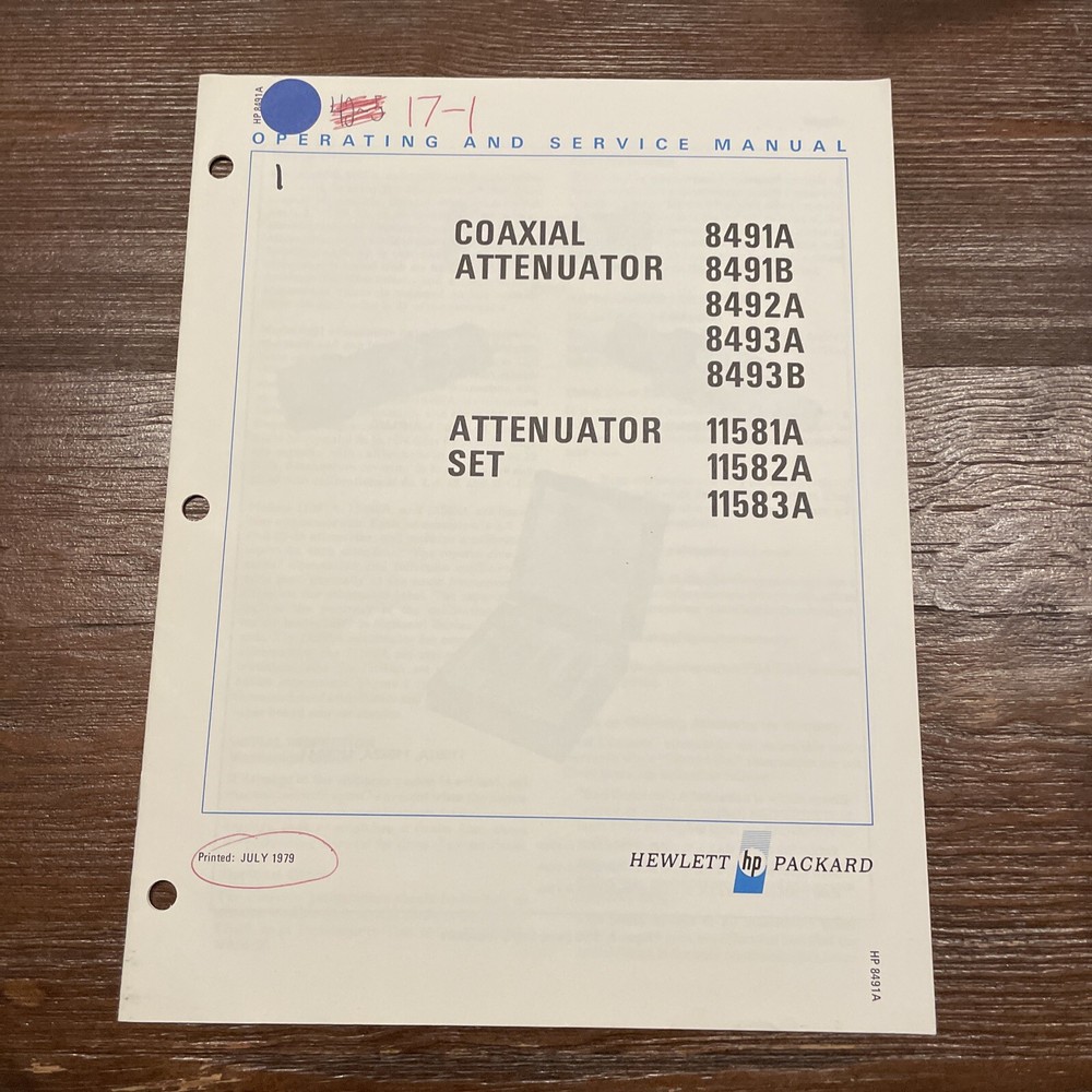 HP 8491A/B 8492A 8493A/B 11581/82/83A Coaxial Attenuator Manual 08491-90059