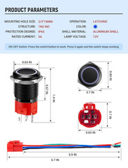 16Mm Latching Push Button Switch, 12V DC on off Power Button with LED Angel Eye