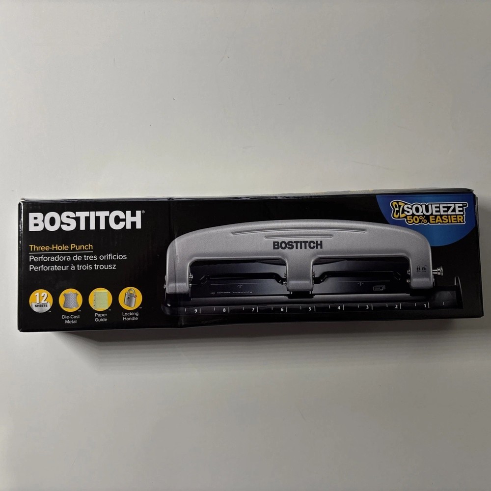 Bostitch Office 3 Hole Punch, 12 Sheet Cap, Metal, Rubber Base, Easy-Clean T