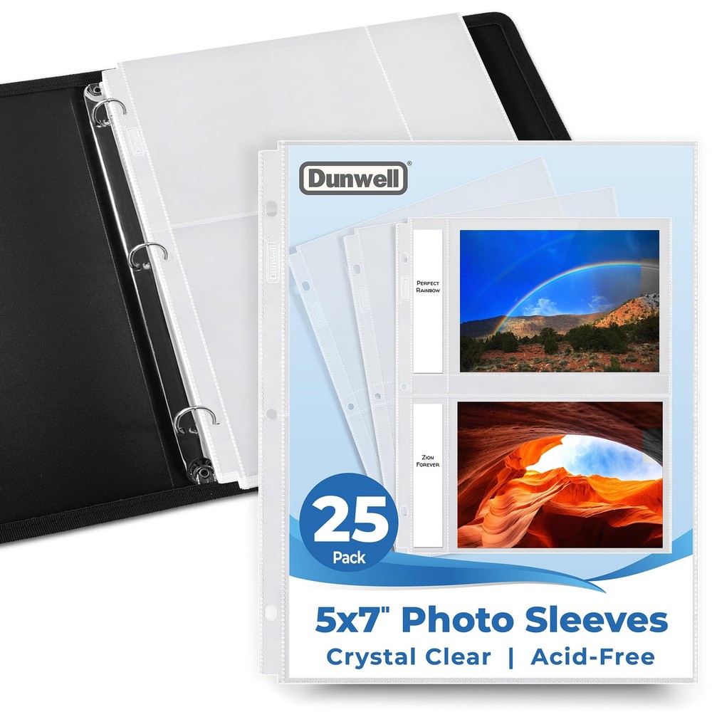 Photo Album Sleeves 2 Pocket 5 x 7 In Page Sheet Organizer 3 Ring Binder 25