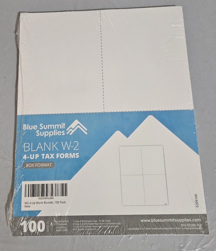 Blue Summit Supplies Blank W-2 4-UP Tax Forms 100 Pack Box Format New
