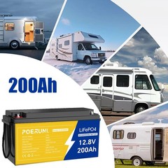 POERUNI 12V 200Ah LiFePO4 Deep Cycle Lithium Battery for RV Off-grid Solar NEW
