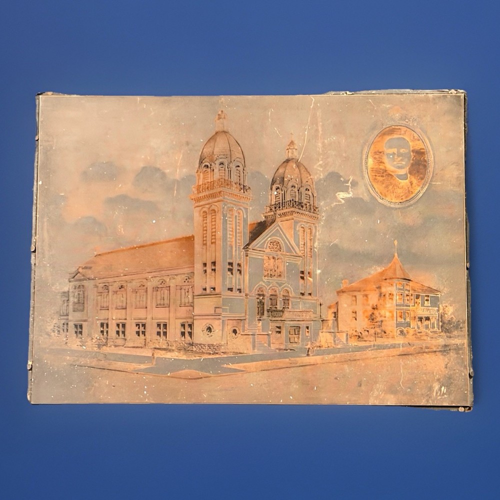 Vintage Copper Printing Plate Catholic Church Portrait Letterpress Block Joliet