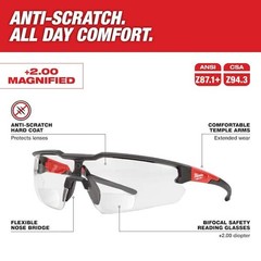 Milwaukee 48-73-2204 Clear +2.00 Bifocal Safety Glasses Magnified Anti-Scratch