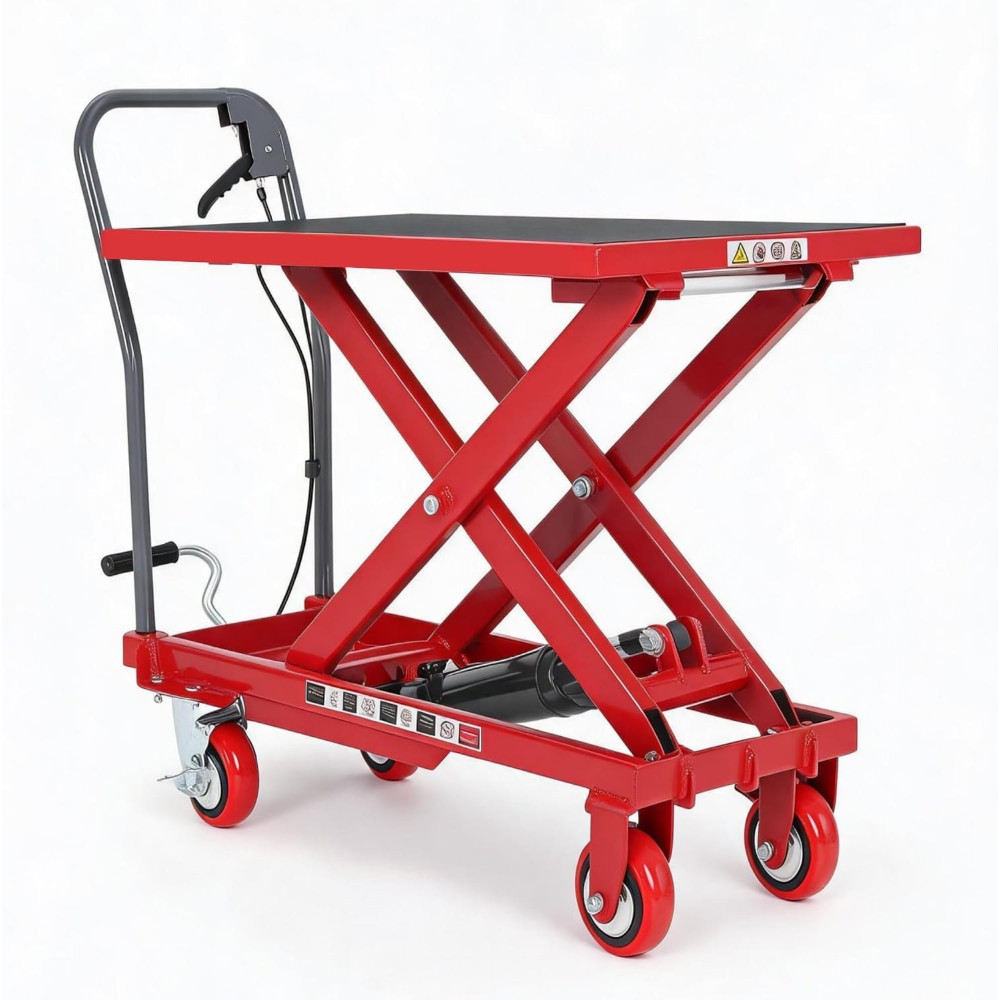 500Lbs Hydraulic Lift Table Cart 28.5in Height 4 Swivel Wheels Non-Slip Pad Use