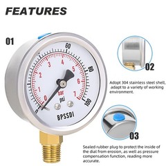 0-100 Psi Low Pressure Gauge, 2.5″ Dial Size, 1/4″ NPT Lower Mount, 304 Stain…