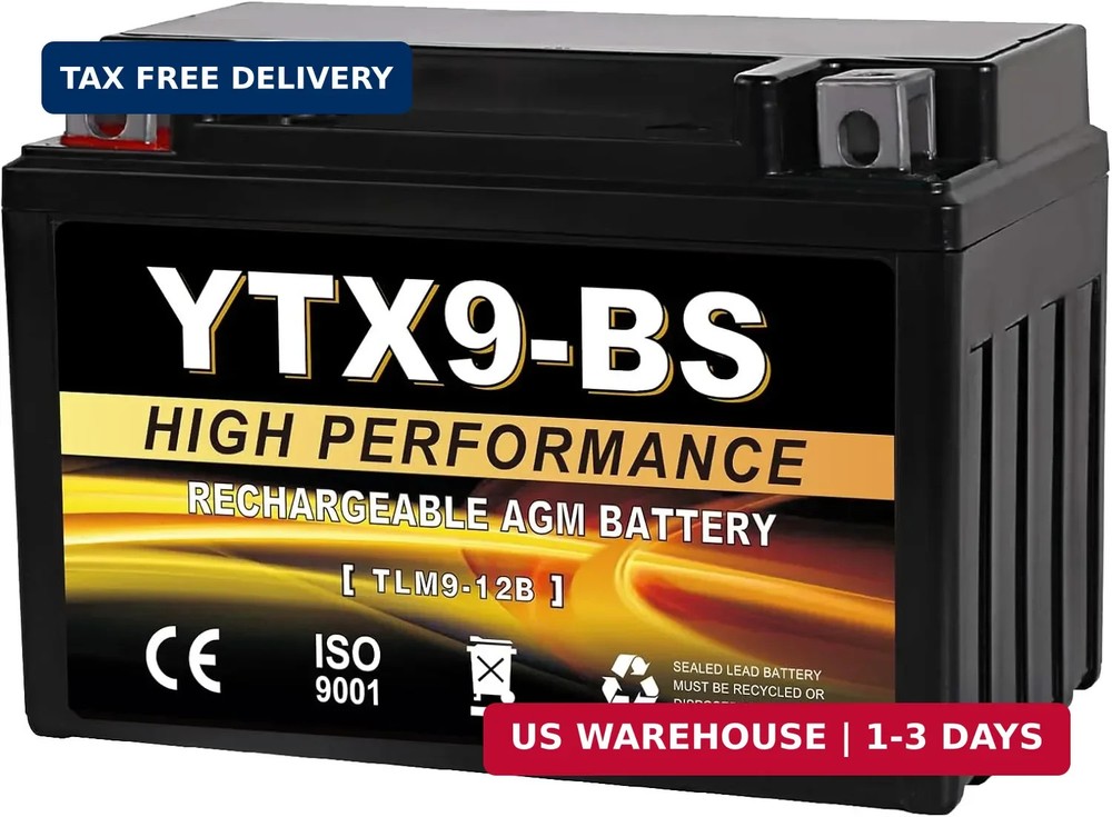 YTX9-BS 12V 9Ah AGM Sealed Motorcycle Battery, Maintenance-Free, Compatible with