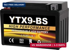 YTX9-BS 12V 9Ah AGM Sealed Motorcycle Battery, Maintenance-Free, Compatible with